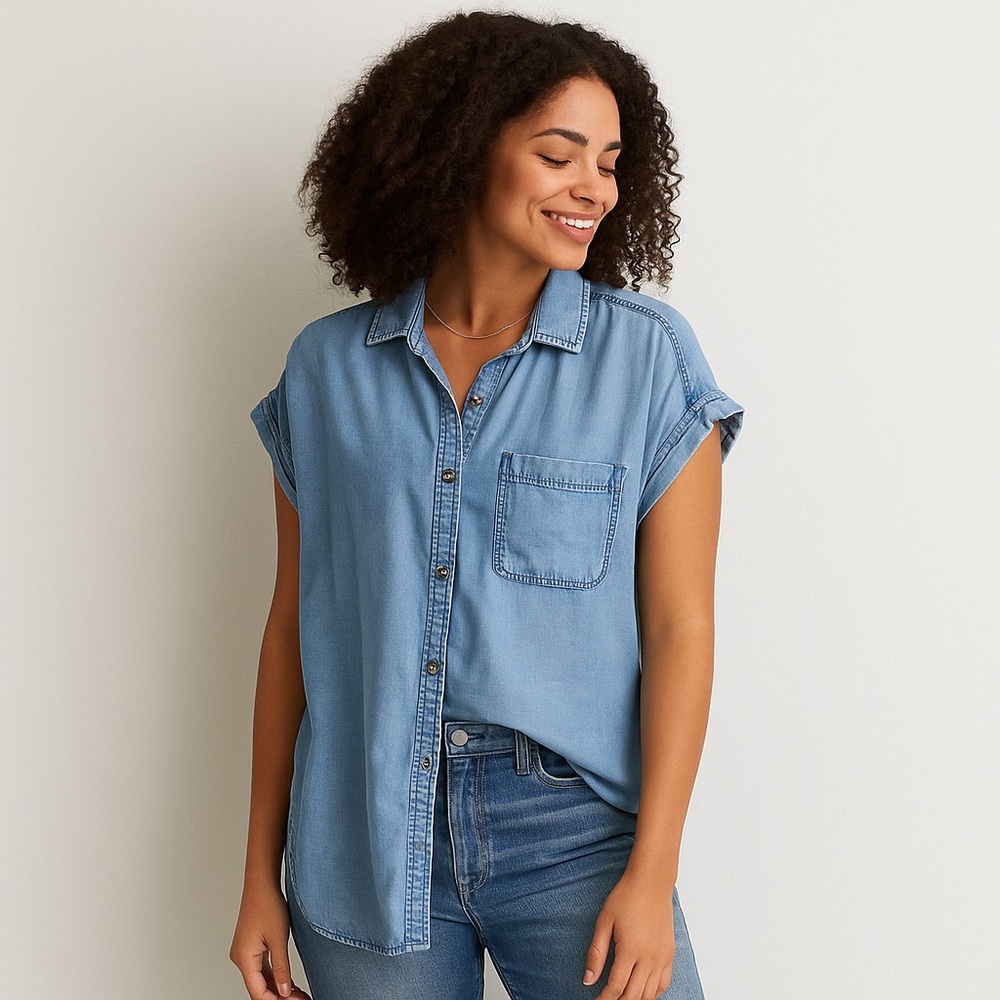 American Eagle chambray shirt small medium wash jean tshirt top tee